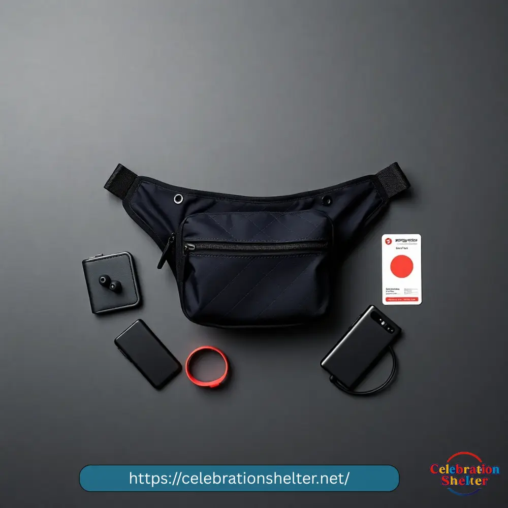 Festival safety tips essentials laid out: a crossbody bag with phone, power bank, festival wristband and a small first aid card