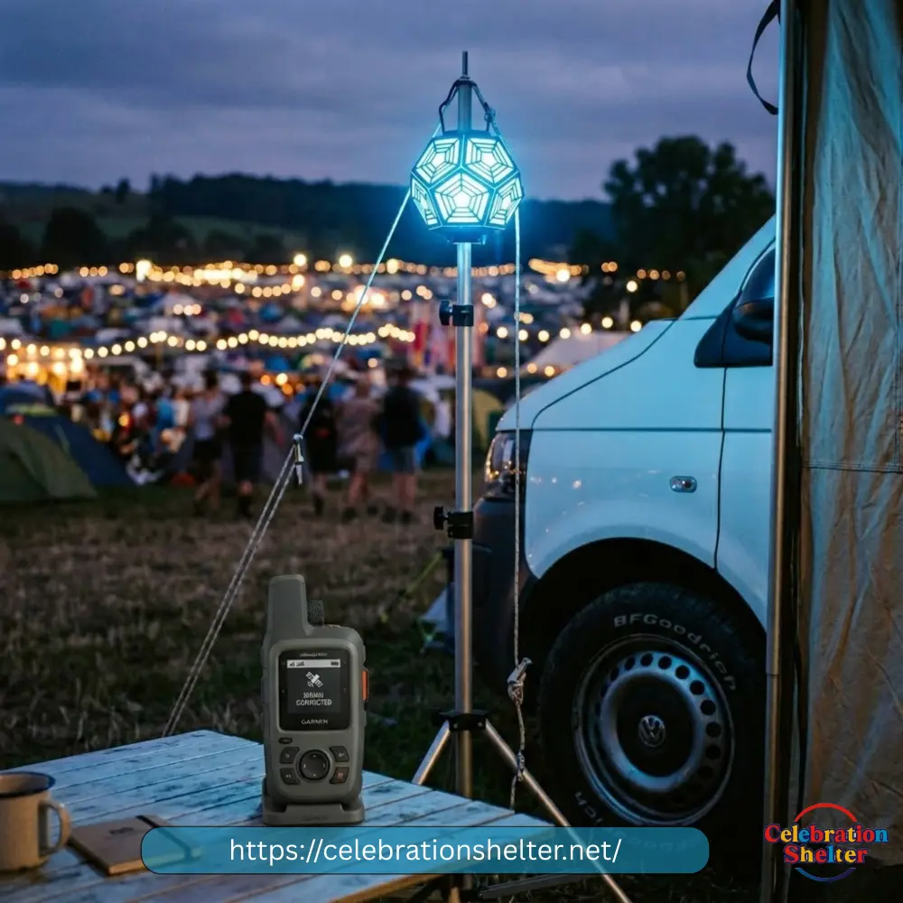 Lit festival campsite at dusk with tents, a camper van and a GPS communicator on the table, showing camping festival safety tips in practice
